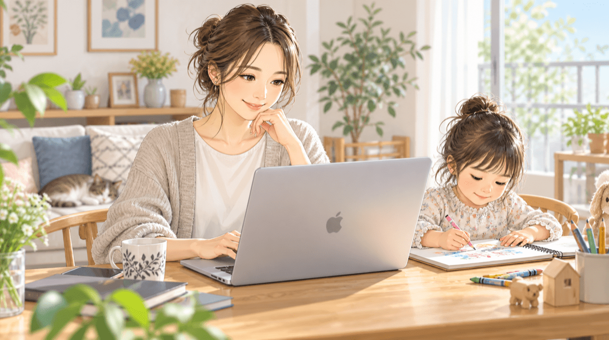 MacBookで在宅ワークをする30代の母親と、隣でお絵描きをする4歳の子どものイラスト