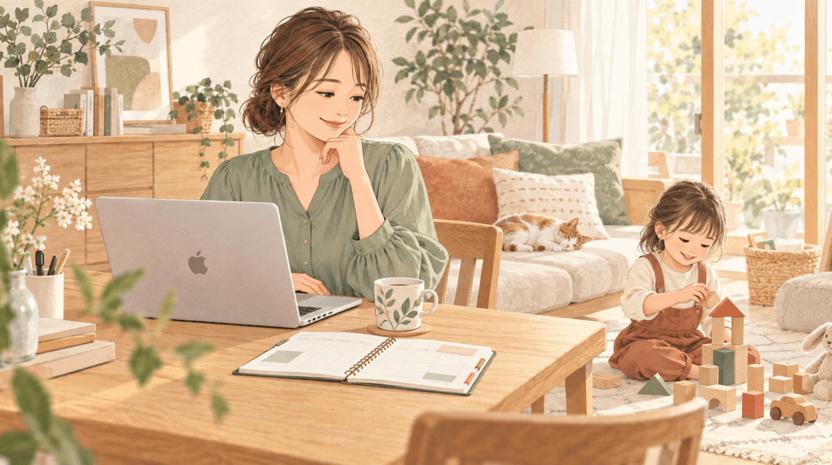 Macで在宅ワークの予定を立てる母親と、そばで積み木で遊ぶ4歳の子どものイラスト