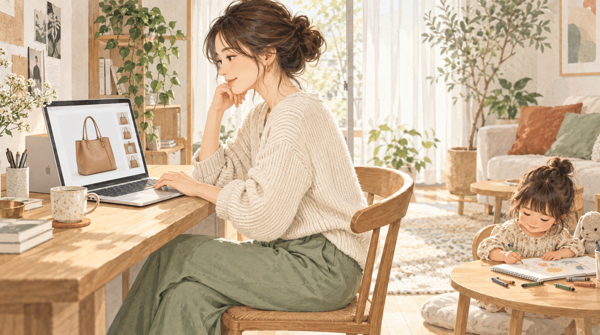 4歳の子どもが絵を描くそばで、Macの商品画像を見直す30代の母親のイラスト