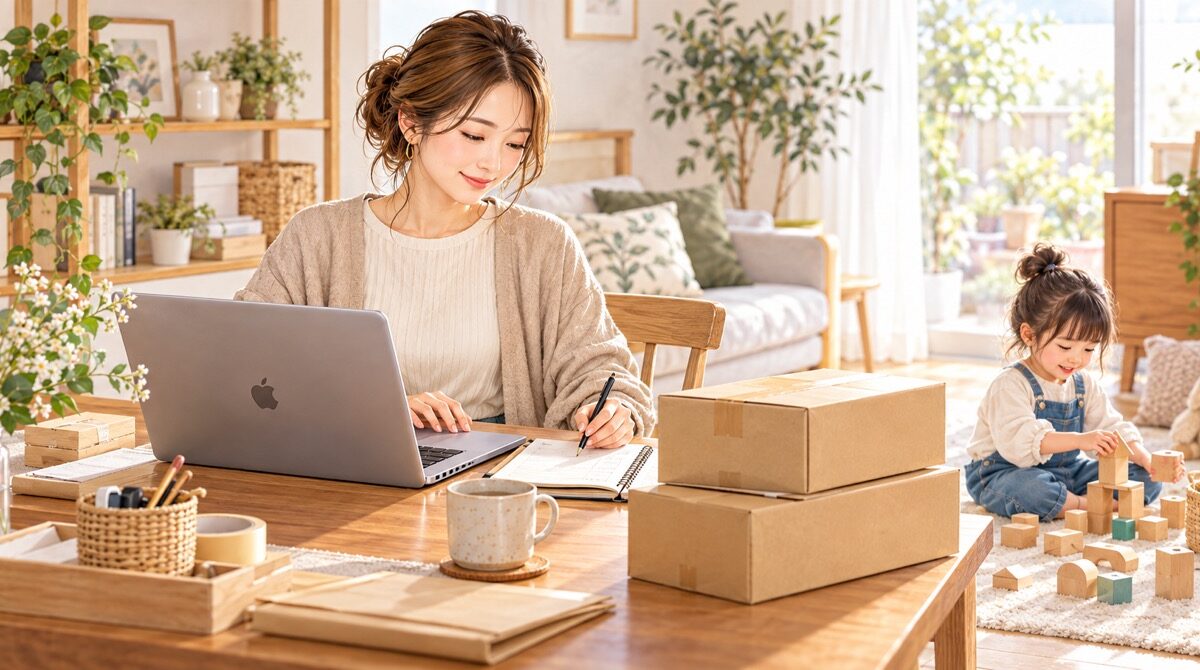 子どものそばでMacを使い、BUYMAの注文記録を確認する母親のイラスト
