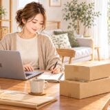 子どものそばでMacを使い、BUYMAの注文記録を確認する母親のイラスト