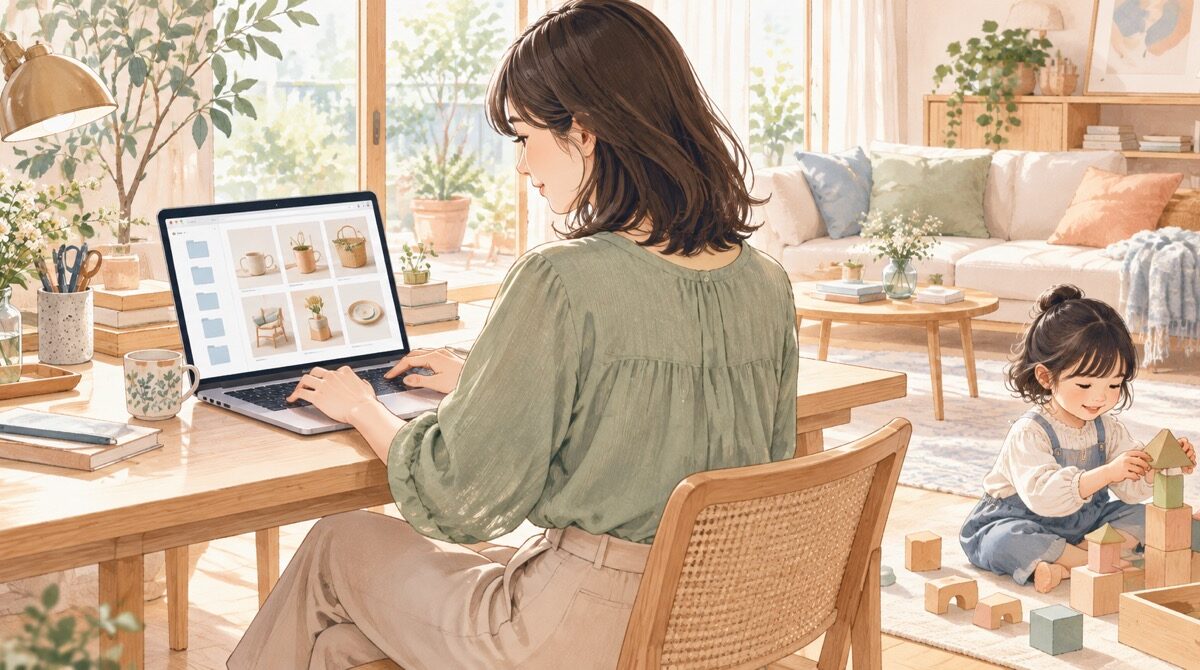 自宅でMacを使って商品画像を整理する母親と、そばで積み木遊びをする4歳の子どものイラスト