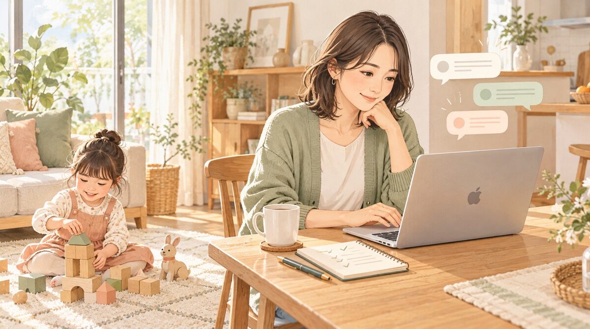 4歳の子どもが遊ぶそばで、Macを使いBUYMAの問い合わせを振り返る母親のイラスト