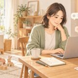 4歳の子どもが遊ぶそばで、Macを使いBUYMAの問い合わせを振り返る母親のイラスト