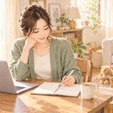 子どもがそばで絵を描く中、Macと手帳で作業時間を振り返る母親のイラスト
