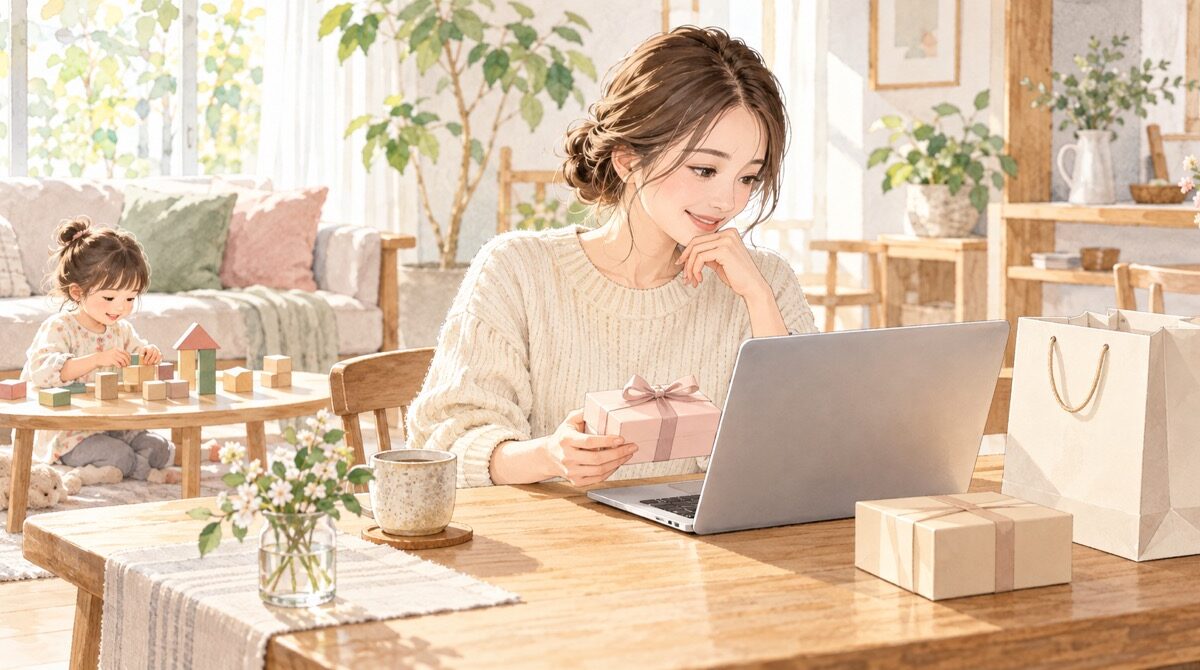 子どもが遊ぶ自宅でMacを使い、ギフト箱と紙袋を確認する母親のイラスト