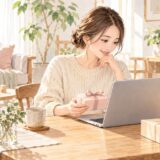 子どもが遊ぶ自宅でMacを使い、ギフト箱と紙袋を確認する母親のイラスト