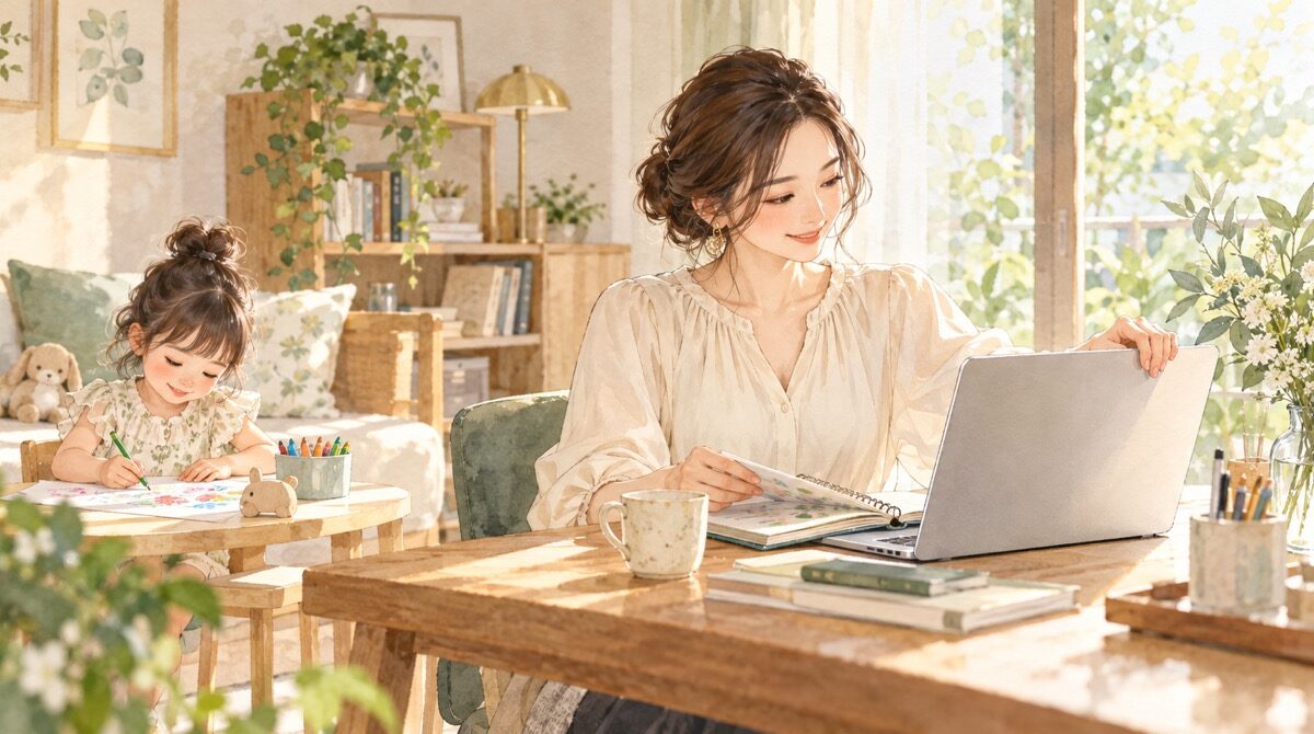 4歳の子どもが絵を描くそばで、ノートを見返しMacを開いて在宅の仕事を再開する母親のイラスト