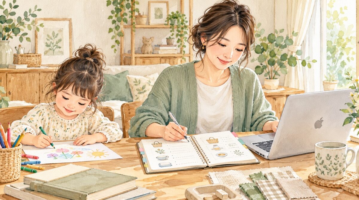 子どもの隣でMacを使い、買付先の情報をノートに整理する母親のイラスト