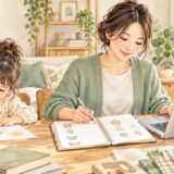 子どもの隣でMacを使い、買付先の情報をノートに整理する母親のイラスト
