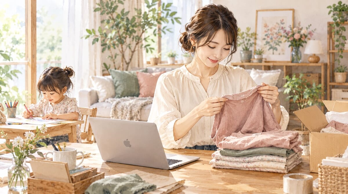 自宅のMacのそばで衣類を検品する母親と、絵を描く子どものイラスト